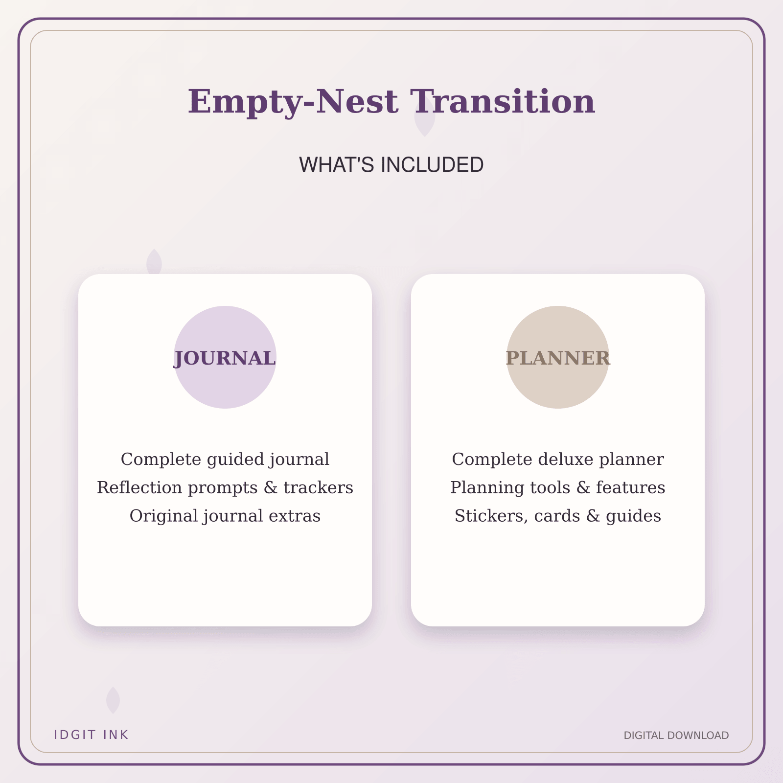 Idgit Ink Empty-Nest Transition deluxe journal and planner bundle — complete journal and planner bundle contents