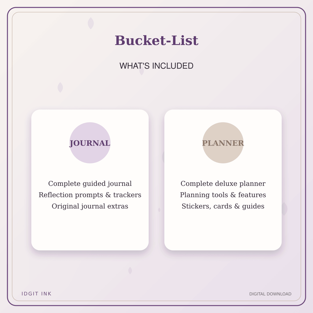 Idgit Ink Bucket-List deluxe journal and planner bundle — complete journal and planner bundle contents