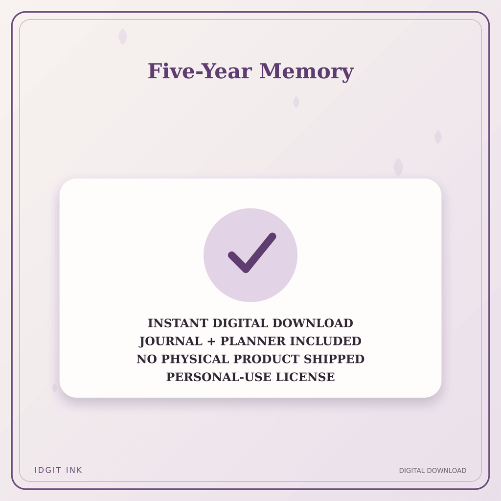 Idgit Ink Five-Year Memory deluxe journal and planner bundle — instant download and no physical product notice