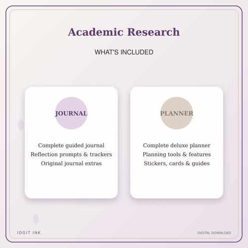 Idgit Ink Academic Research deluxe journal and planner bundle — complete journal and planner bundle contents