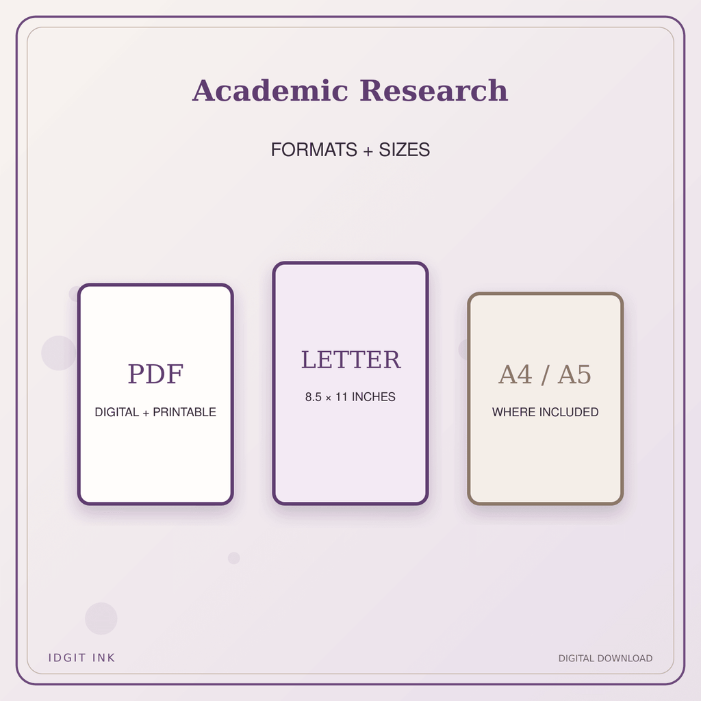 Idgit Ink Academic Research deluxe journal and planner bundle — digital formats and available page sizes