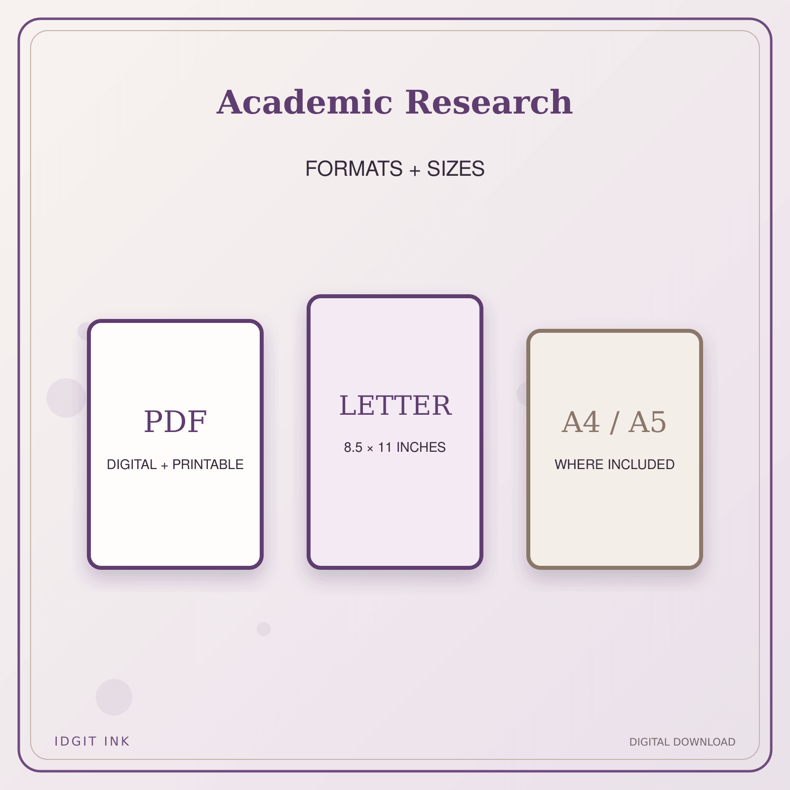 Idgit Ink Academic Research deluxe journal and planner bundle — digital formats and available page sizes