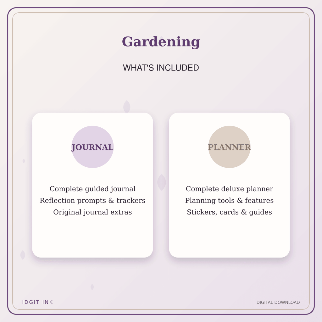 Idgit Ink Gardening deluxe journal and planner bundle — complete journal and planner bundle contents