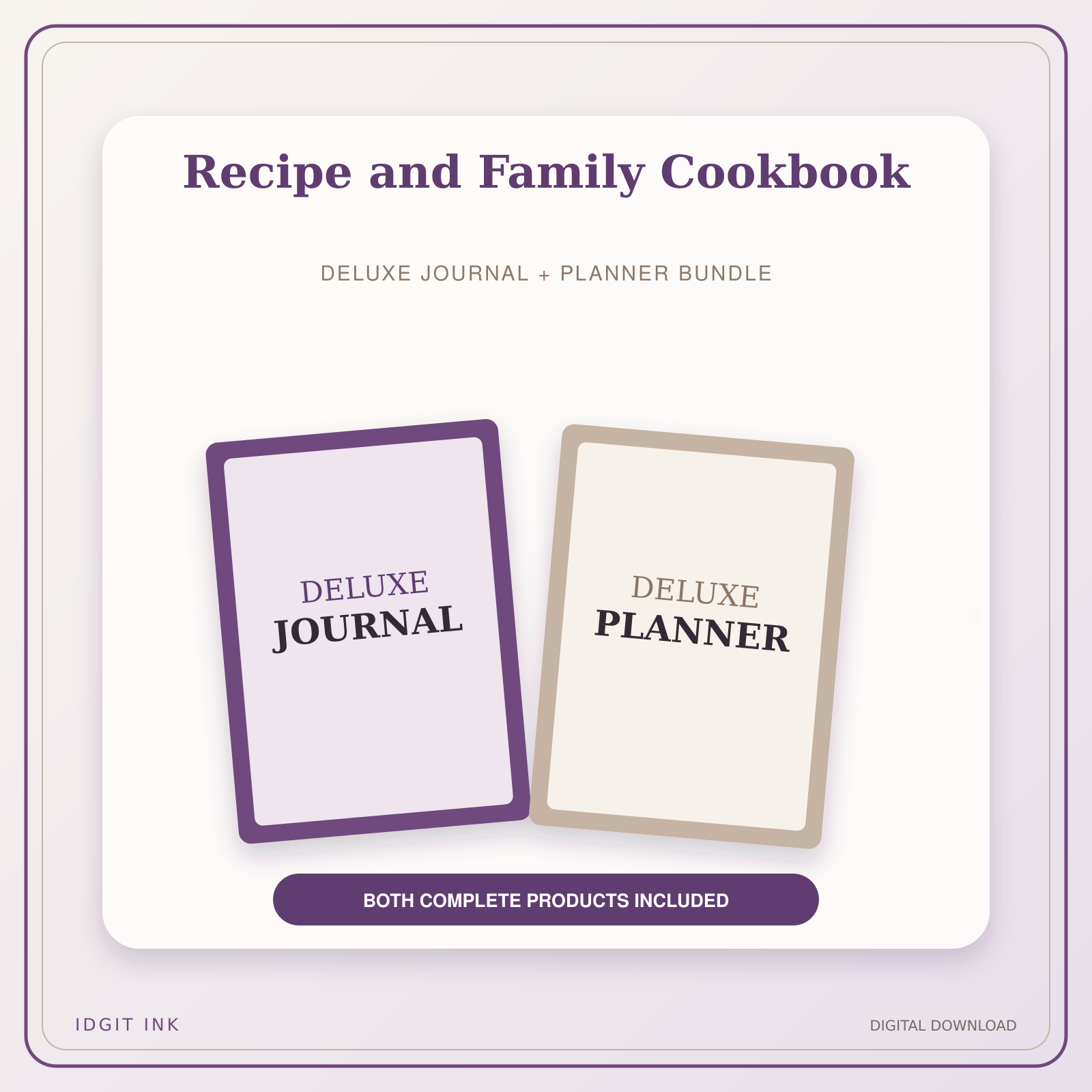 Idgit Ink Recipe and Family Cookbook deluxe journal and planner bundle — primary bundle cover showing both deluxe products