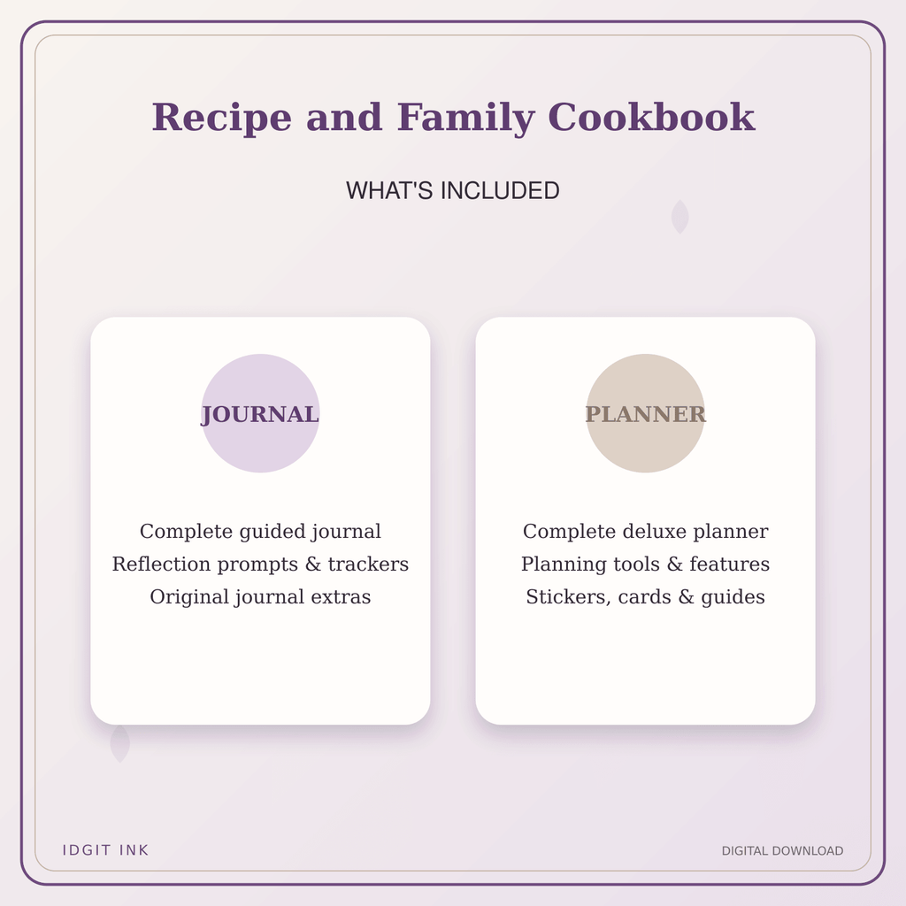 Idgit Ink Recipe and Family Cookbook deluxe journal and planner bundle — complete journal and planner bundle contents