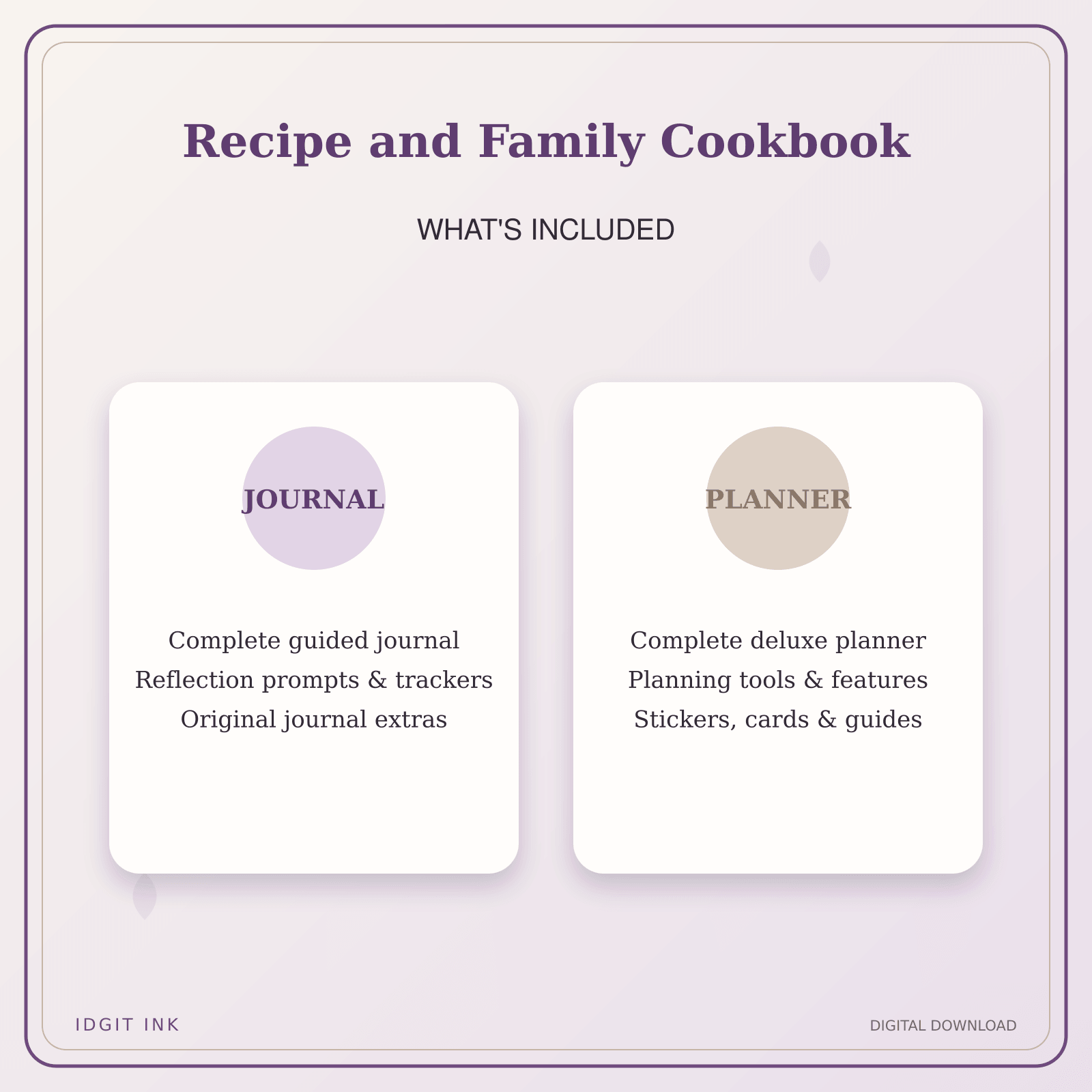 Idgit Ink Recipe and Family Cookbook deluxe journal and planner bundle — complete journal and planner bundle contents