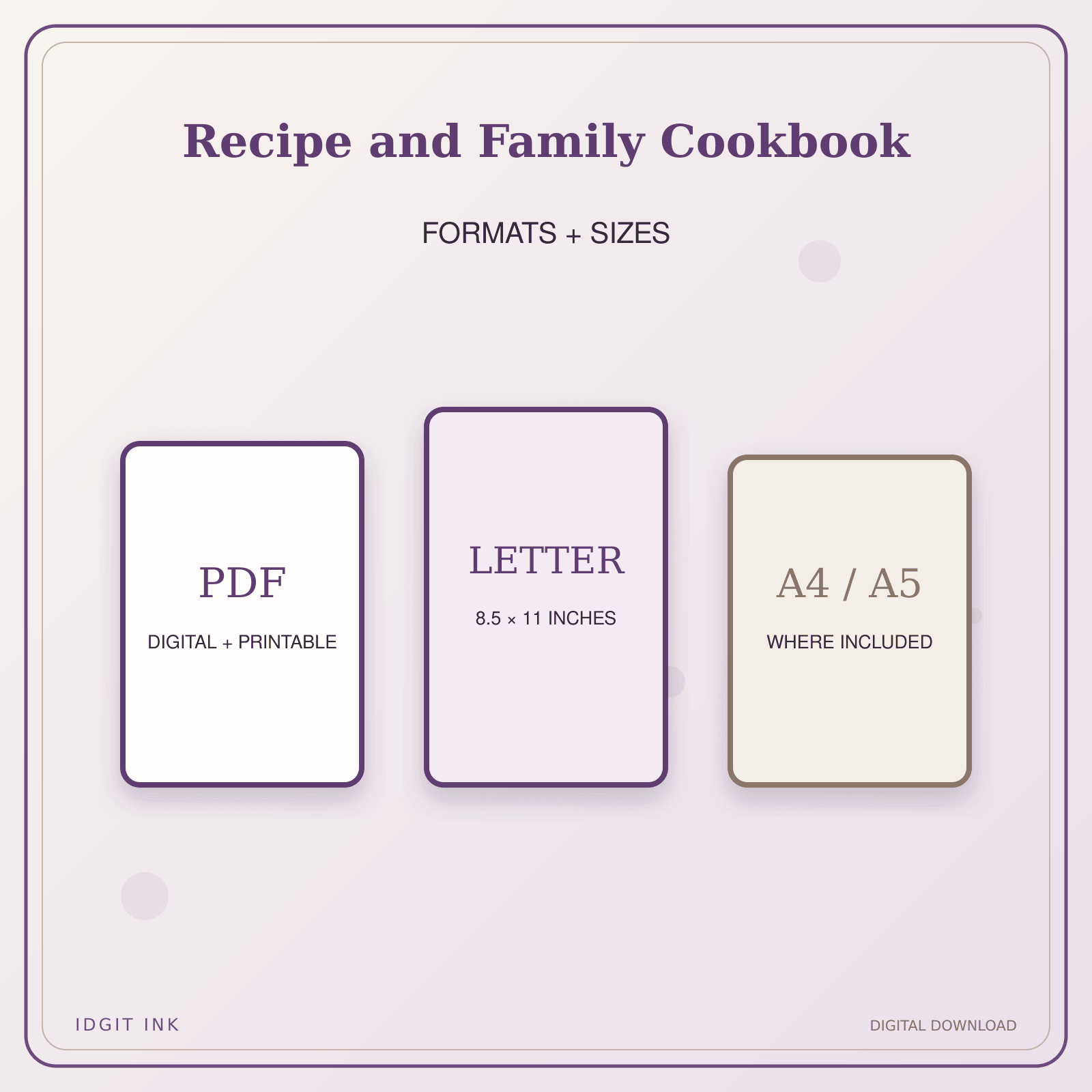 Idgit Ink Recipe and Family Cookbook deluxe journal and planner bundle — digital formats and available page sizes