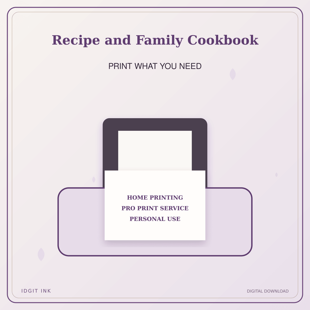 Idgit Ink Recipe and Family Cookbook deluxe journal and planner bundle — home and professional printing information