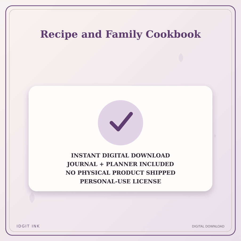 Idgit Ink Recipe and Family Cookbook deluxe journal and planner bundle — instant download and no physical product notice