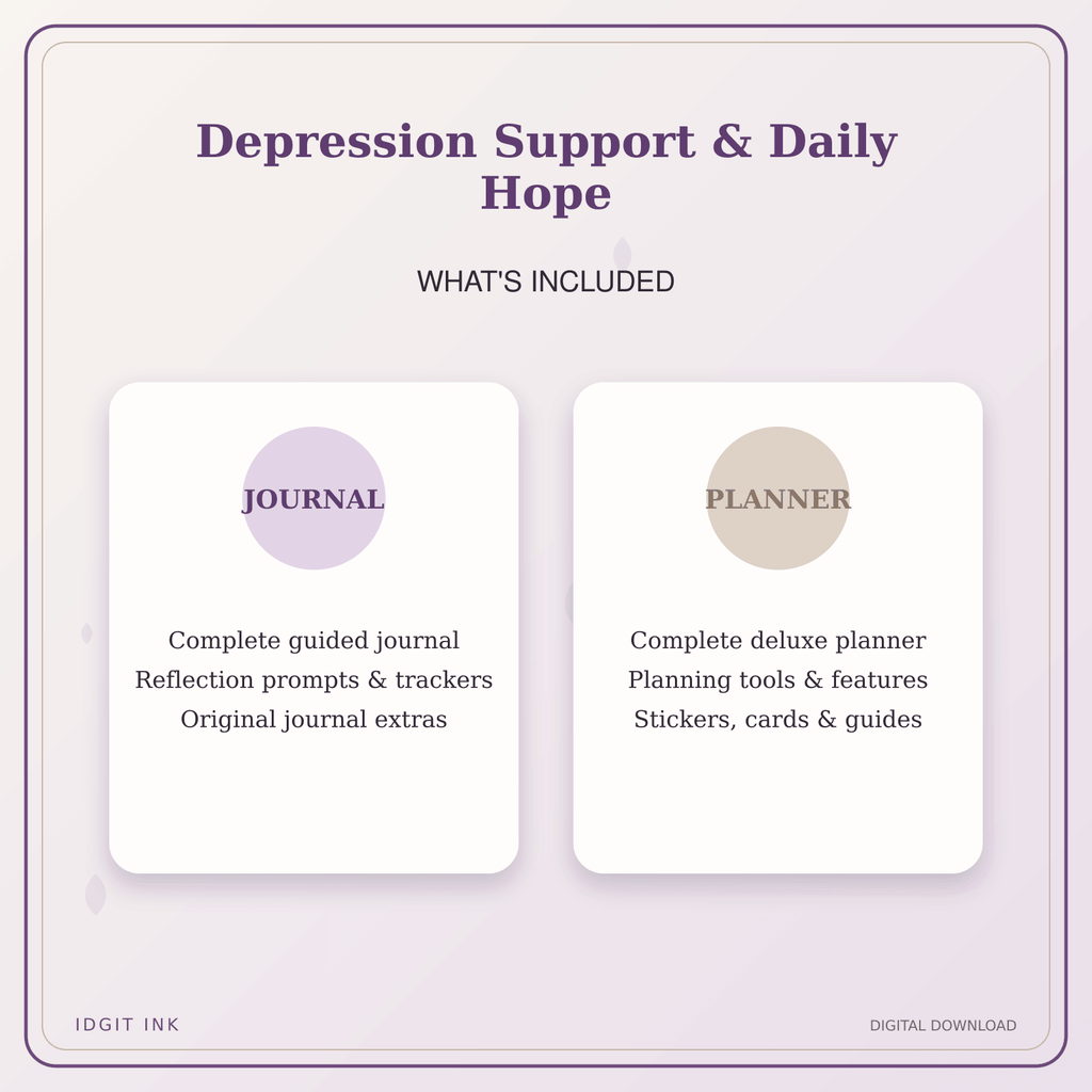 Idgit Ink Depression Support & Daily Hope deluxe journal and planner bundle — complete journal and planner bundle contents