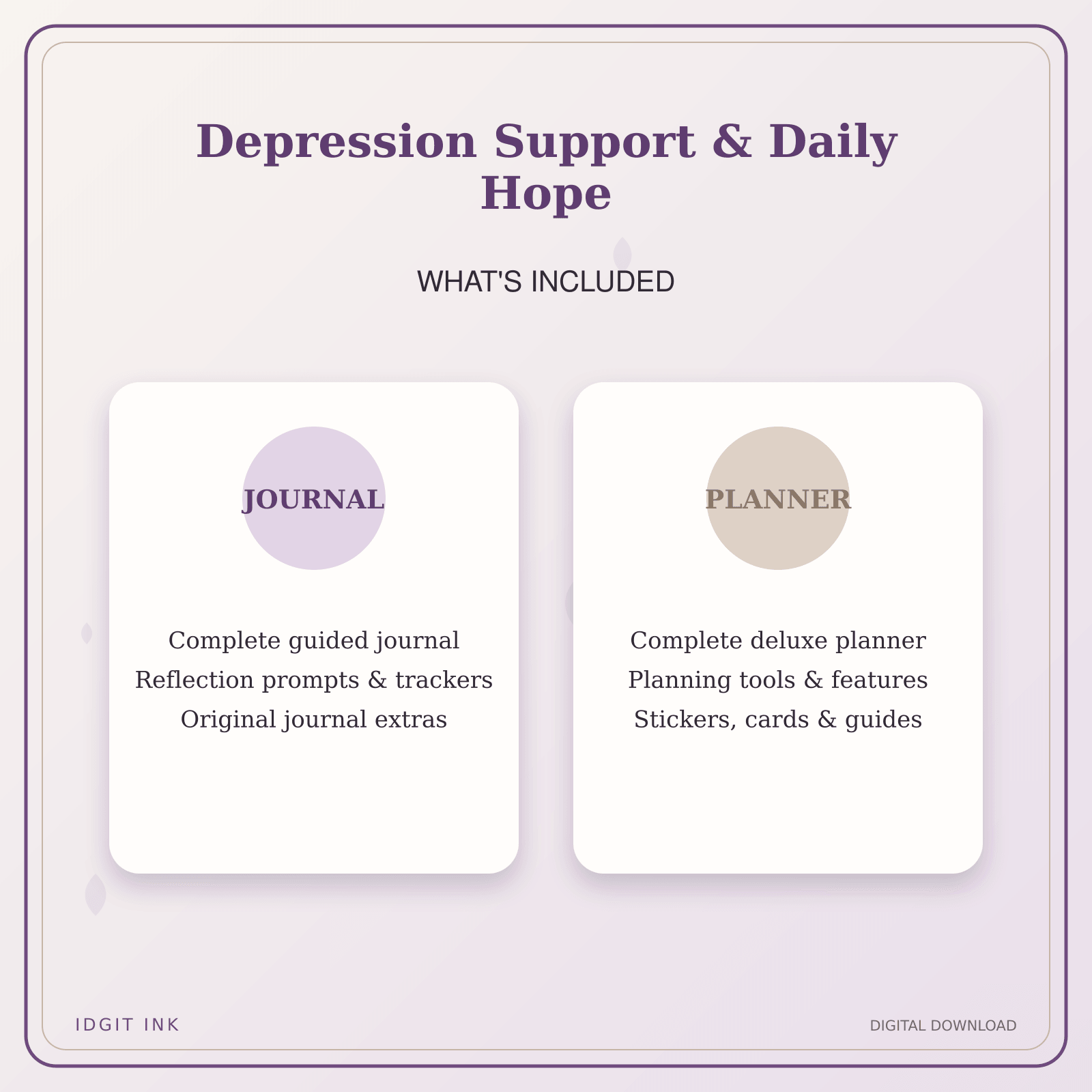 Idgit Ink Depression Support & Daily Hope deluxe journal and planner bundle — complete journal and planner bundle contents