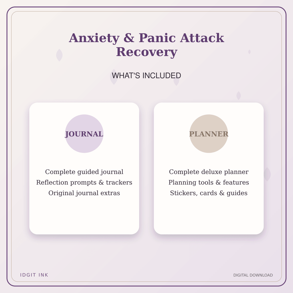 Idgit Ink Anxiety & Panic Attack Recovery deluxe journal and planner bundle — complete journal and planner bundle contents