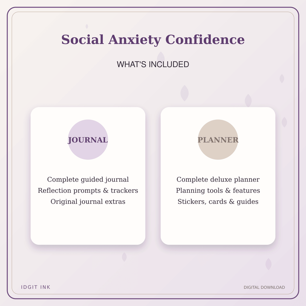 Idgit Ink Social Anxiety Confidence deluxe journal and planner bundle — complete journal and planner bundle contents
