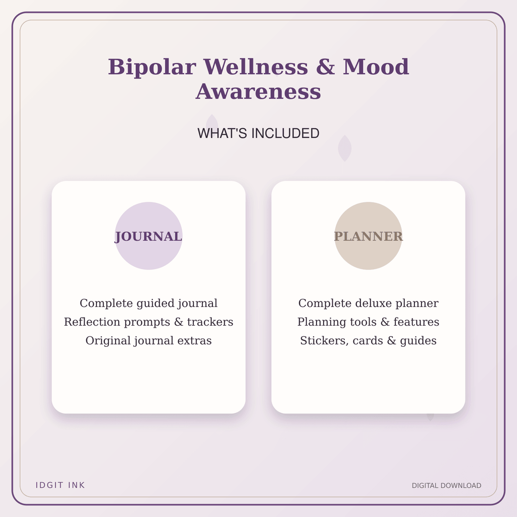 Idgit Ink Bipolar Wellness & Mood Awareness deluxe journal and planner bundle — complete journal and planner bundle contents