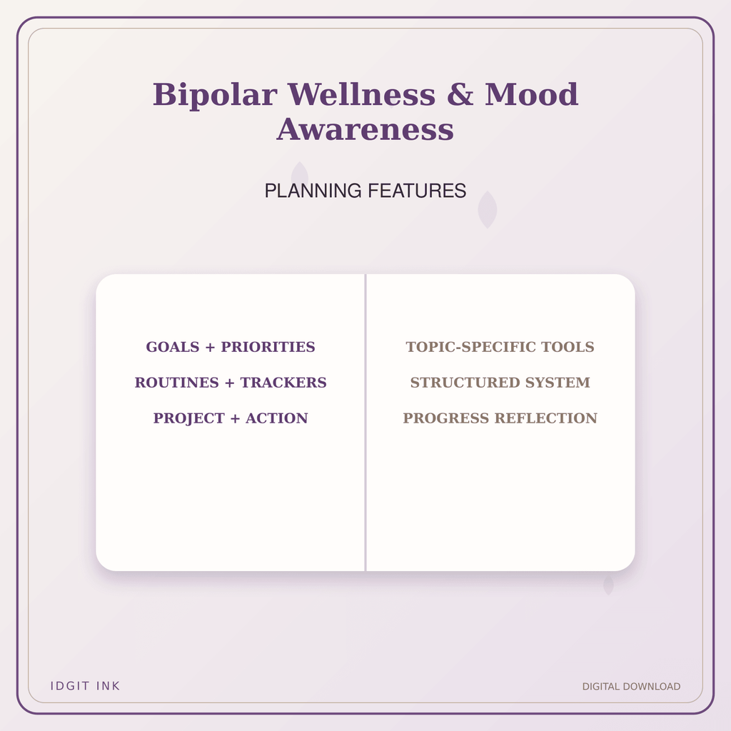 Idgit Ink Bipolar Wellness & Mood Awareness deluxe journal and planner bundle — planner organization and planning features