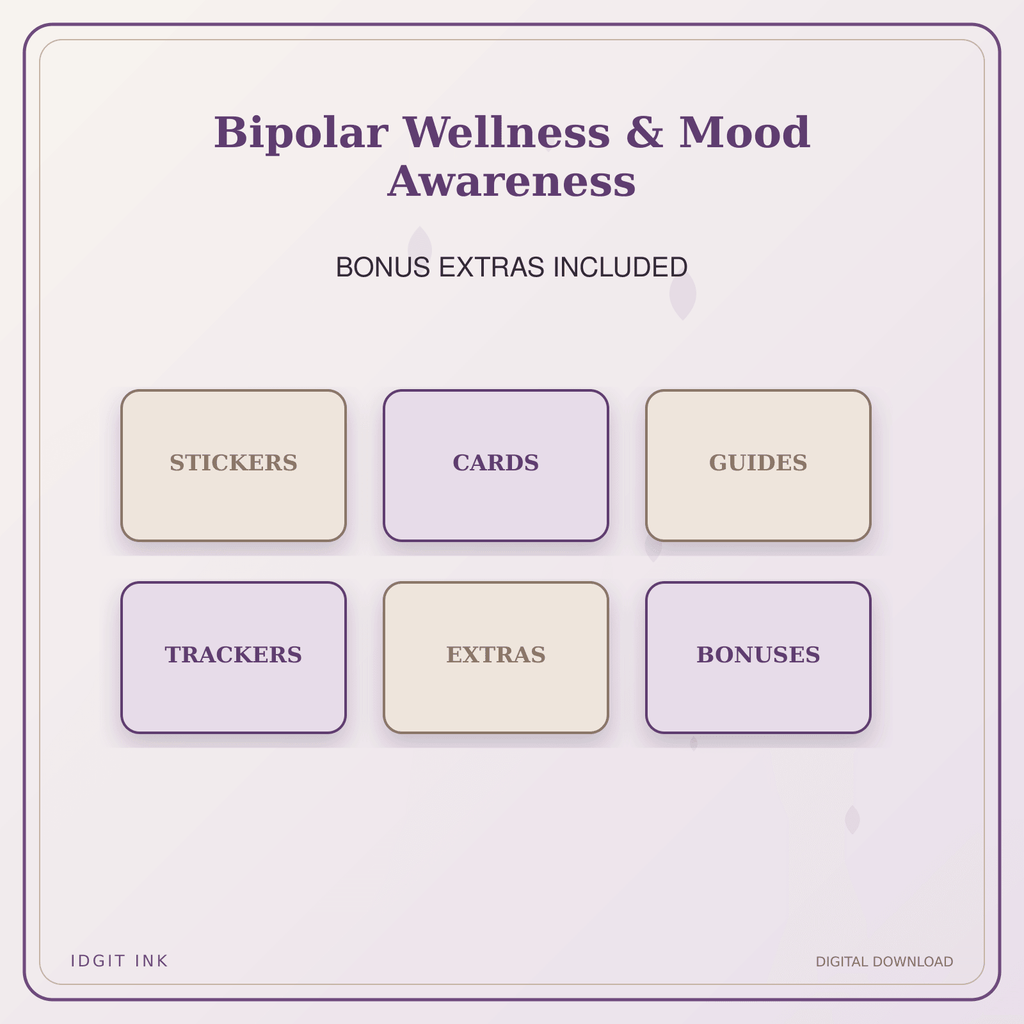 Idgit Ink Bipolar Wellness & Mood Awareness deluxe journal and planner bundle — included digital stickers and cards