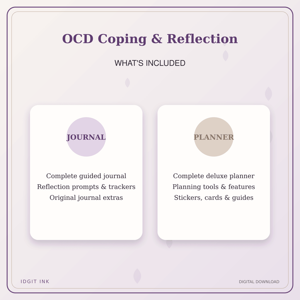 Idgit Ink OCD Coping & Reflection deluxe journal and planner bundle — complete journal and planner bundle contents