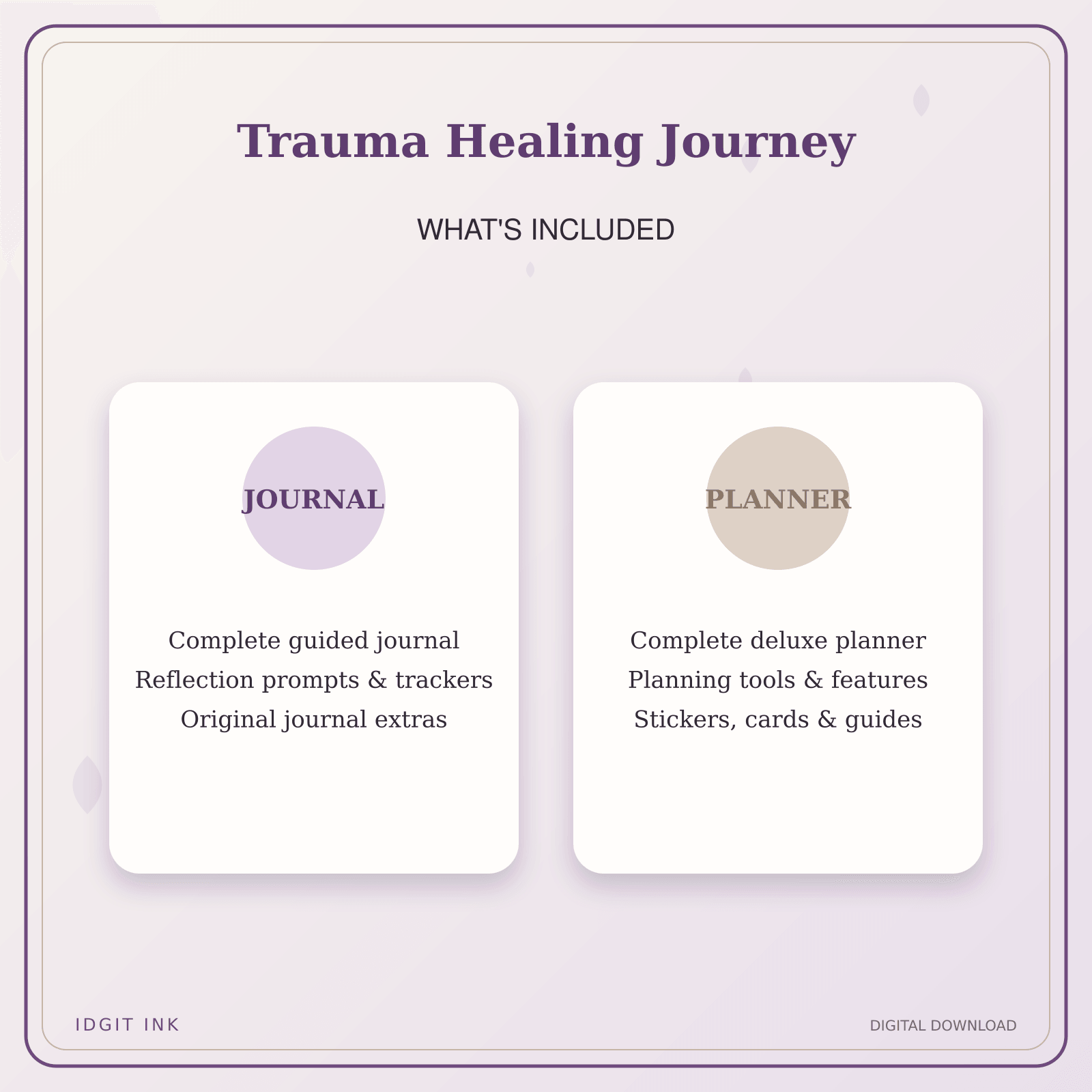 Idgit Ink Trauma Healing Journey deluxe journal and planner bundle — complete journal and planner bundle contents
