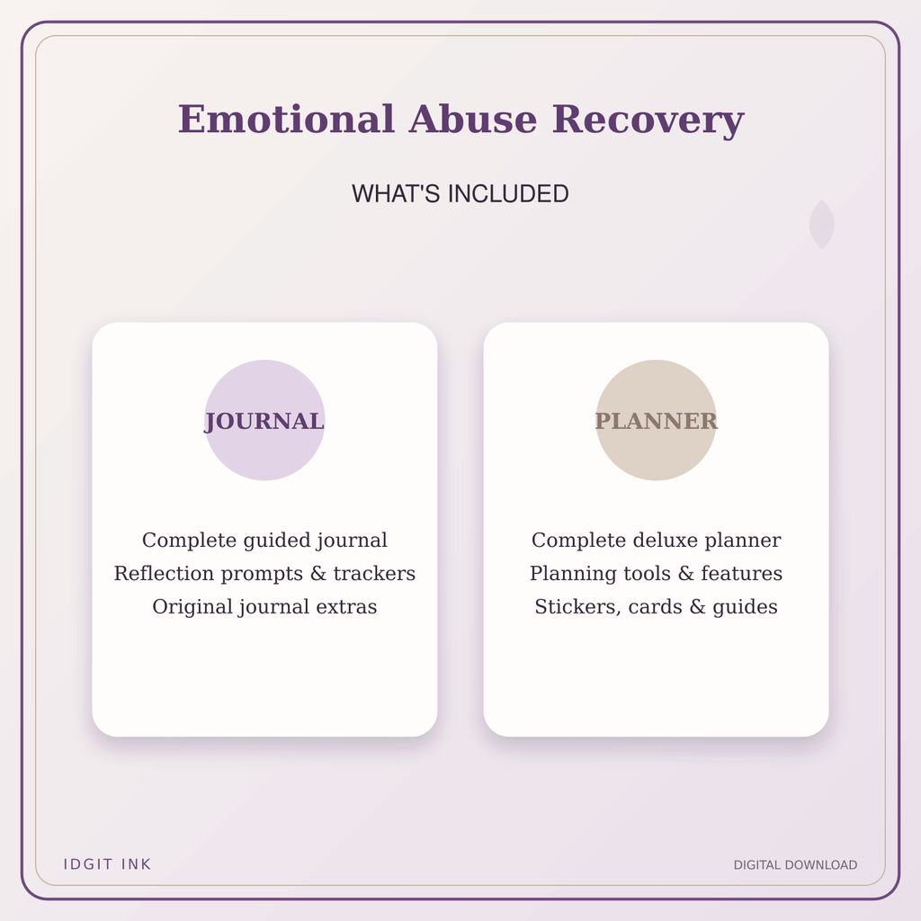 Idgit Ink Emotional Abuse Recovery deluxe journal and planner bundle — complete journal and planner bundle contents