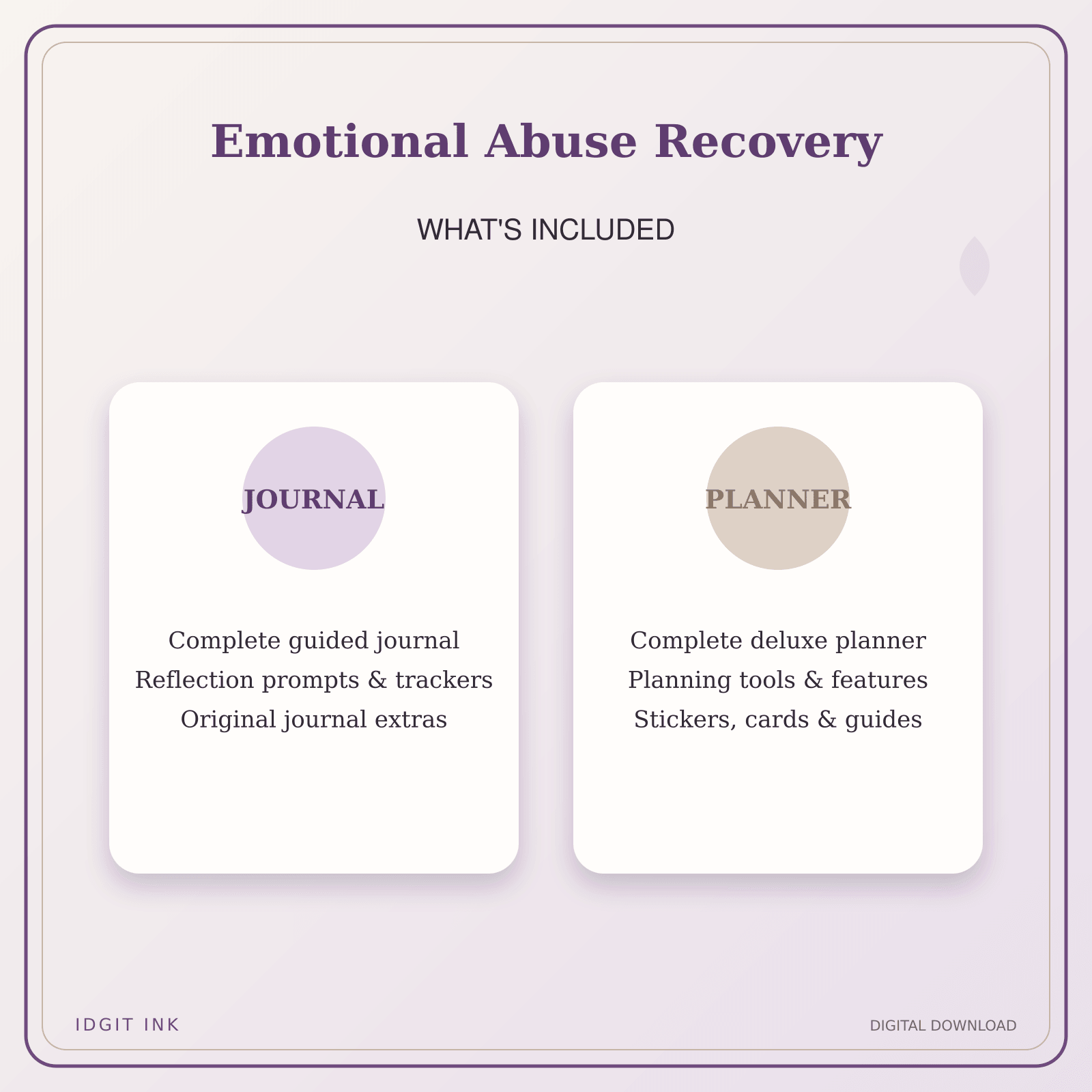 Idgit Ink Emotional Abuse Recovery deluxe journal and planner bundle — complete journal and planner bundle contents