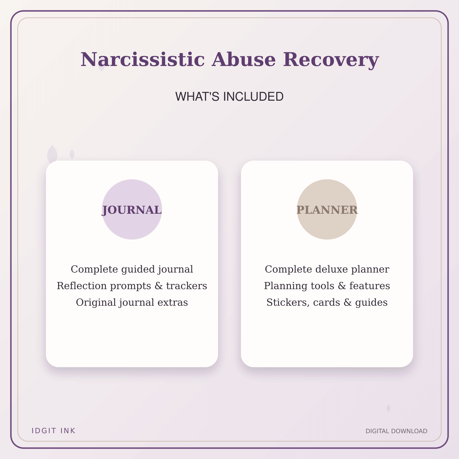 Idgit Ink Narcissistic Abuse Recovery deluxe journal and planner bundle — complete journal and planner bundle contents