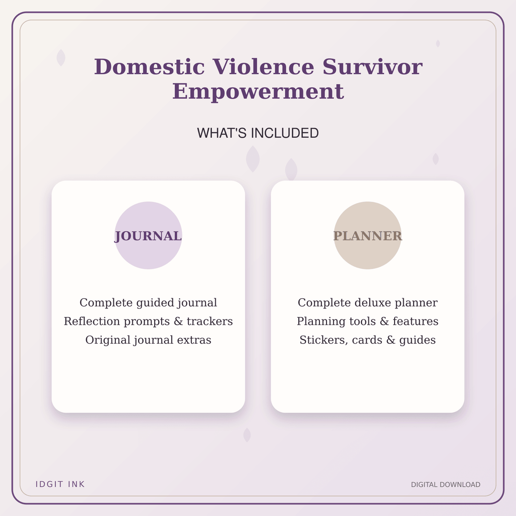 Idgit Ink Domestic Violence Survivor Empowerment deluxe journal and planner bundle — complete journal and planner bundle contents