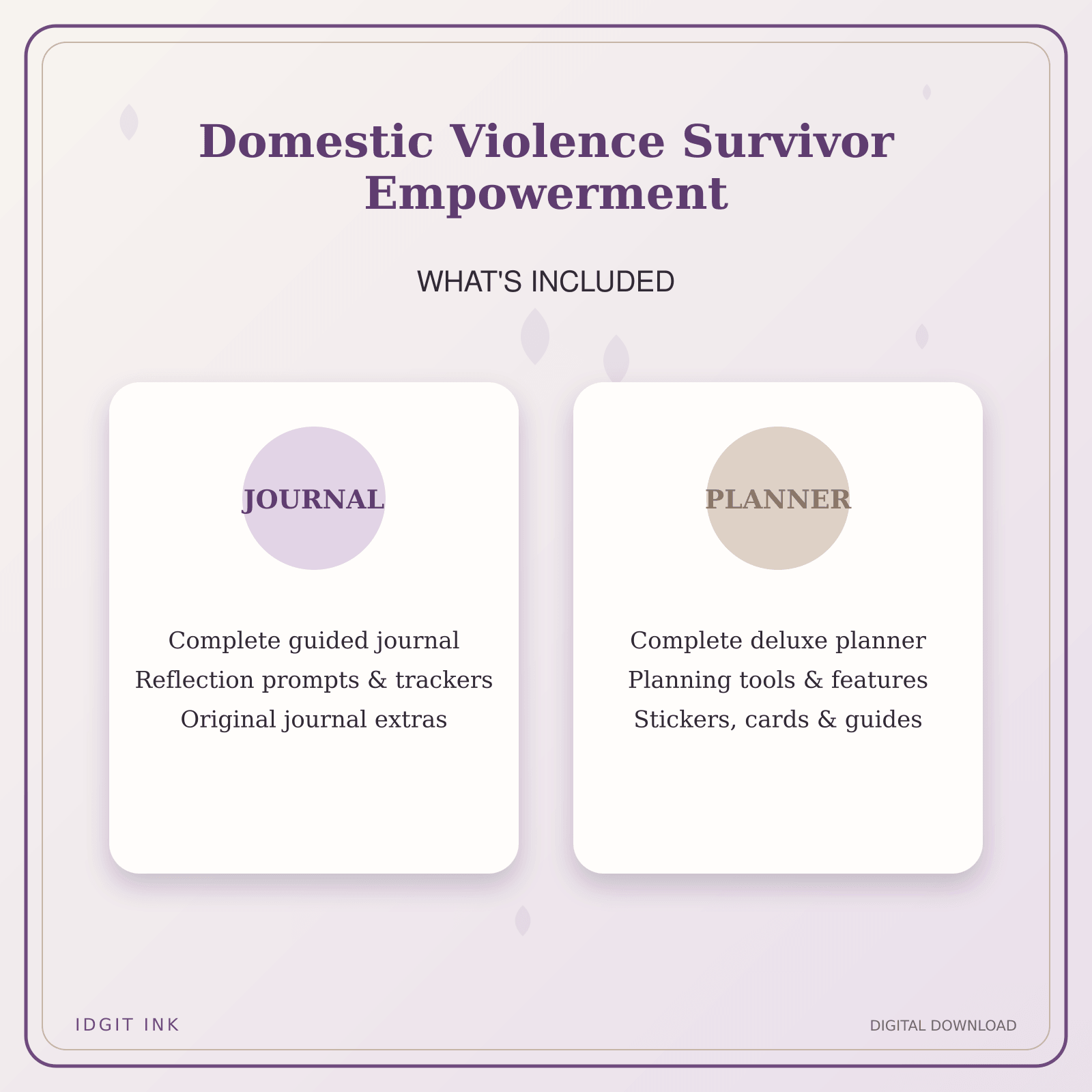 Idgit Ink Domestic Violence Survivor Empowerment deluxe journal and planner bundle — complete journal and planner bundle contents