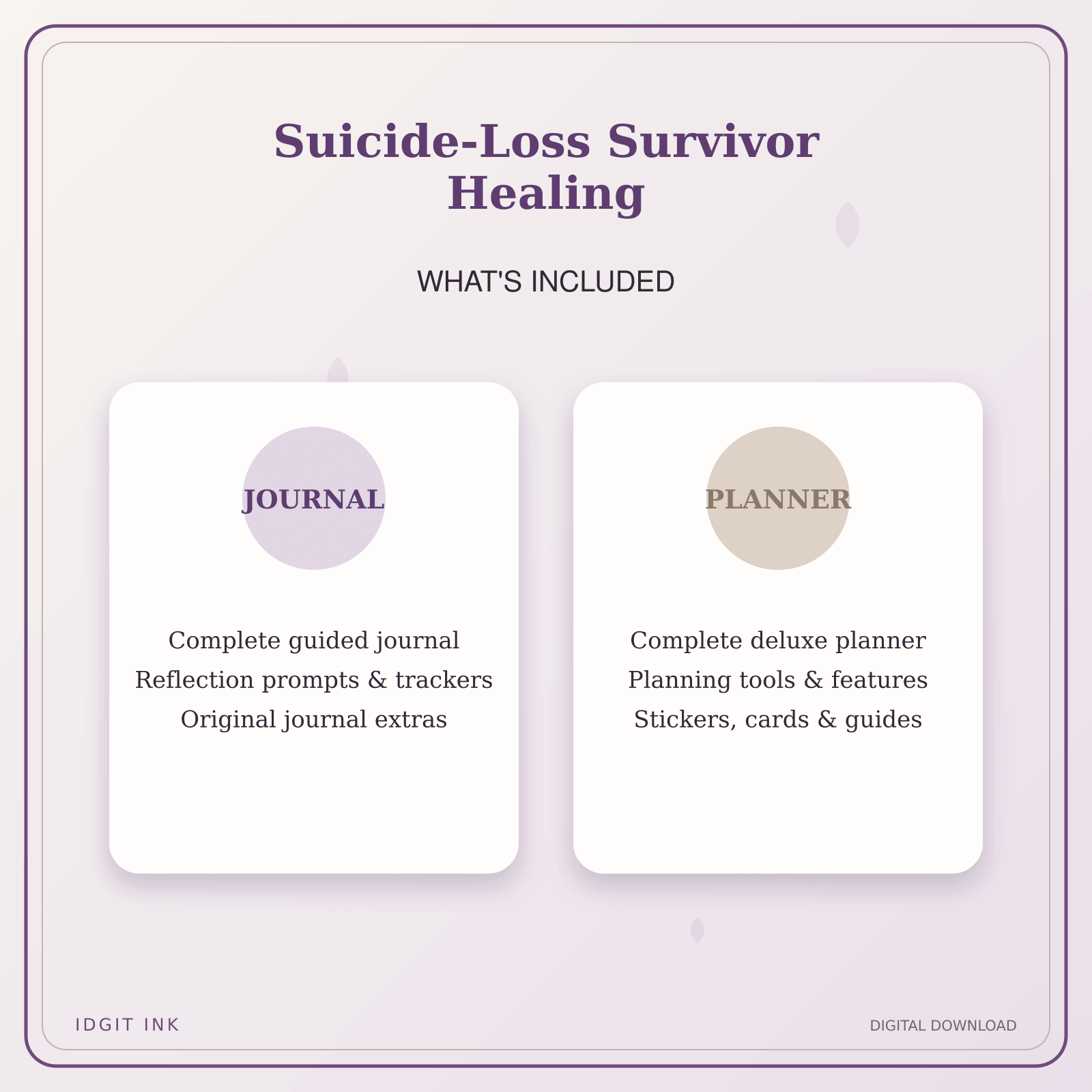 Idgit Ink Suicide-Loss Survivor Healing deluxe journal and planner bundle — complete journal and planner bundle contents