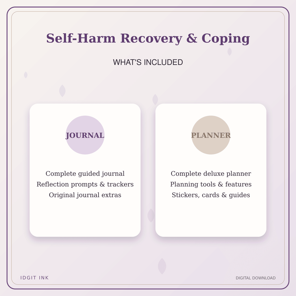 Idgit Ink Self-Harm Recovery & Coping deluxe journal and planner bundle — complete journal and planner bundle contents