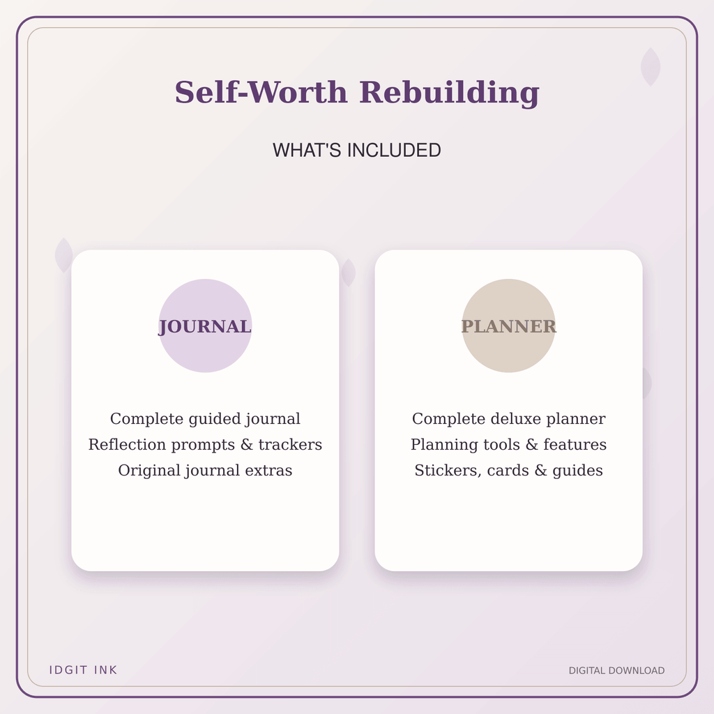 Idgit Ink Self-Worth Rebuilding deluxe journal and planner bundle — complete journal and planner bundle contents