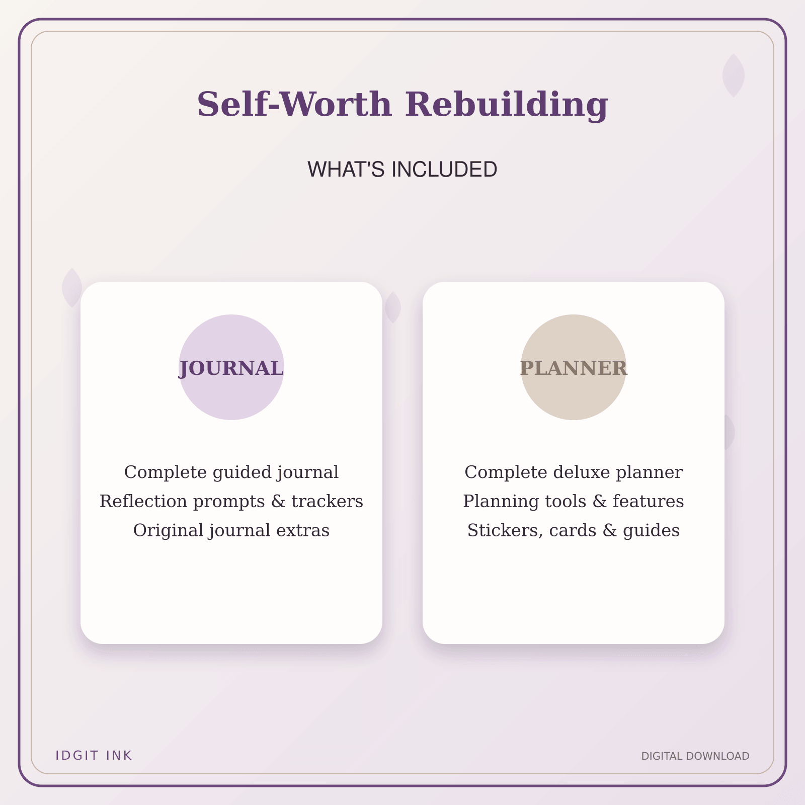 Idgit Ink Self-Worth Rebuilding deluxe journal and planner bundle — complete journal and planner bundle contents