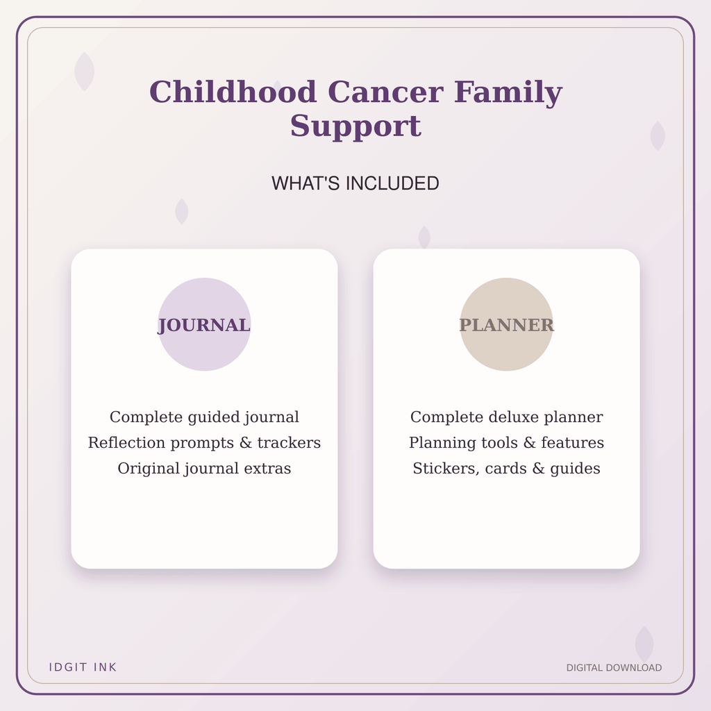 Idgit Ink Childhood Cancer Family Support deluxe journal and planner bundle — complete journal and planner bundle contents