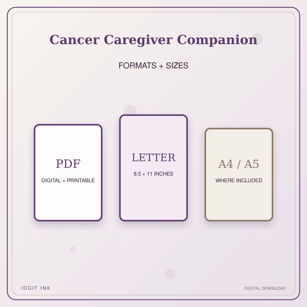 Idgit Ink Cancer Caregiver Companion deluxe journal and planner bundle — digital formats and available page sizes