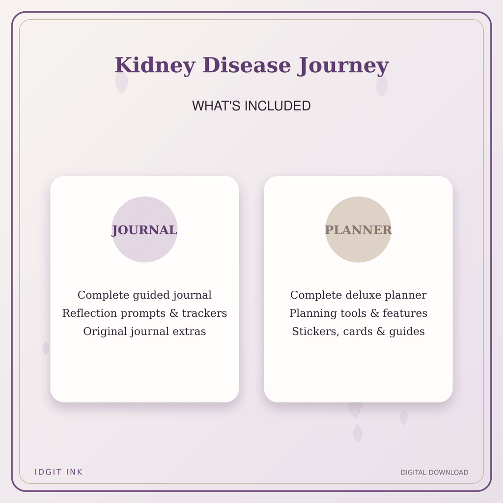 Idgit Ink Kidney Disease Journey deluxe journal and planner bundle — complete journal and planner bundle contents