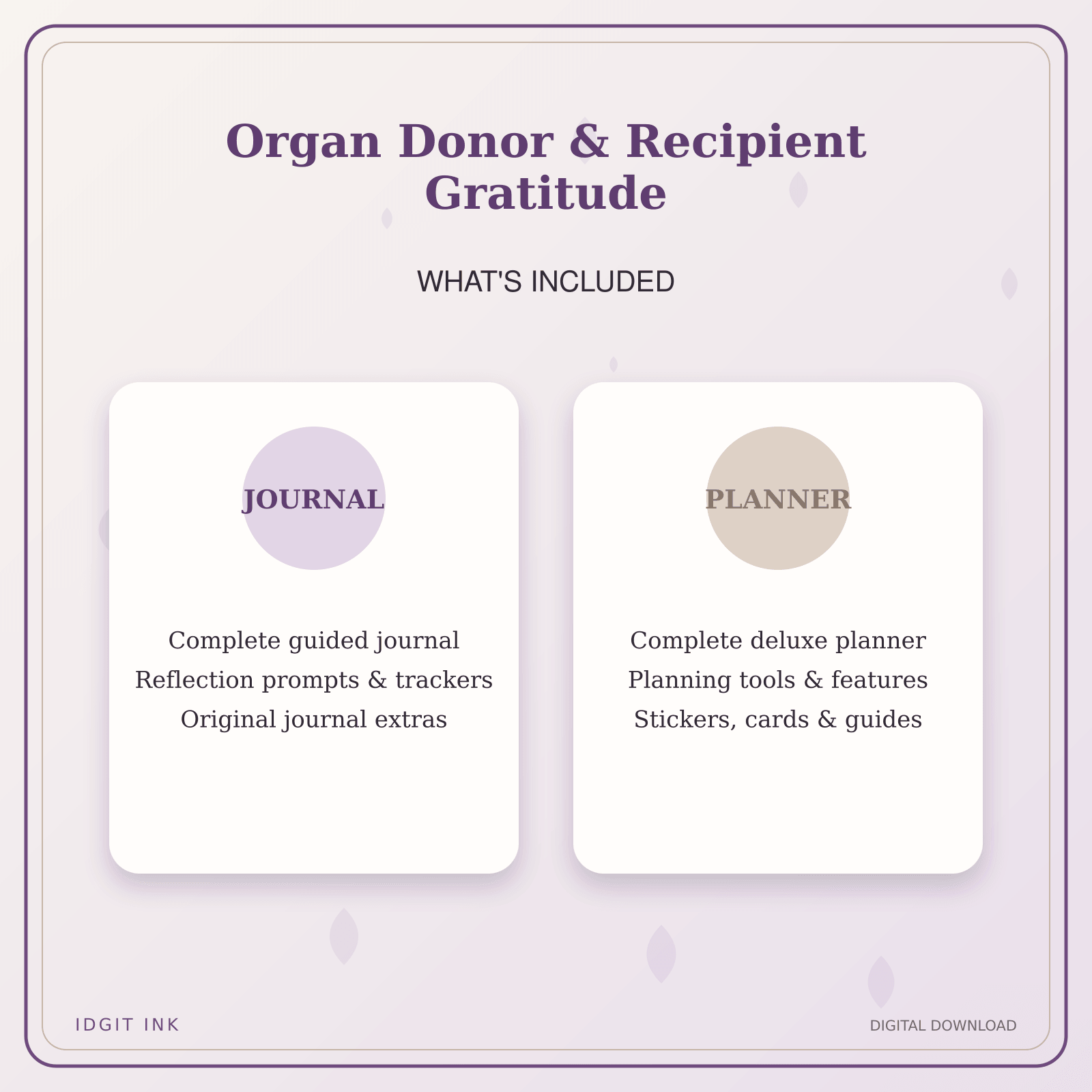 Idgit Ink Organ Donor & Recipient Gratitude deluxe journal and planner bundle — complete journal and planner bundle contents