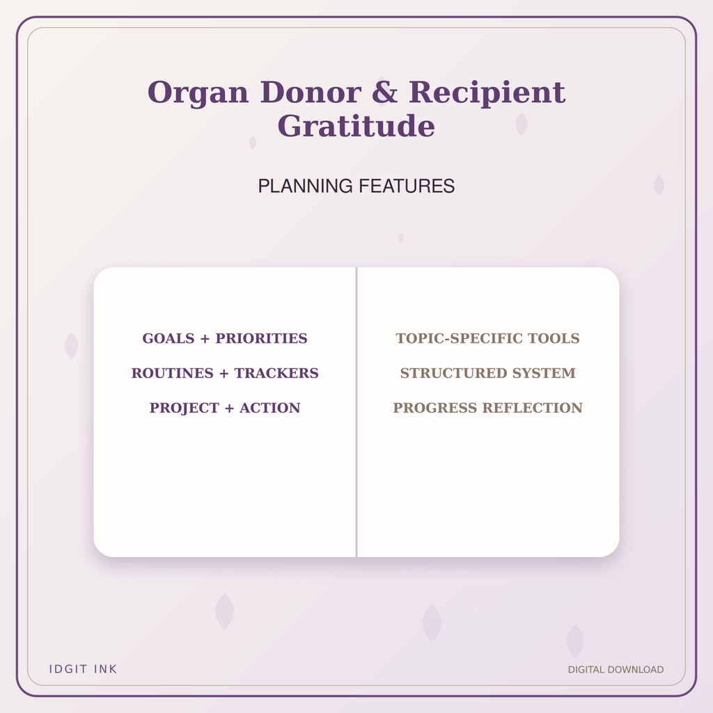 Idgit Ink Organ Donor & Recipient Gratitude deluxe journal and planner bundle — planner organization and planning features