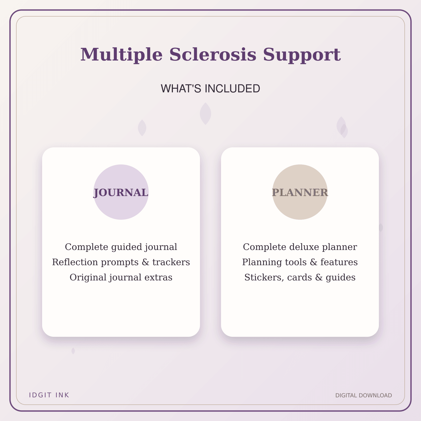 Idgit Ink Multiple Sclerosis Support deluxe journal and planner bundle — complete journal and planner bundle contents