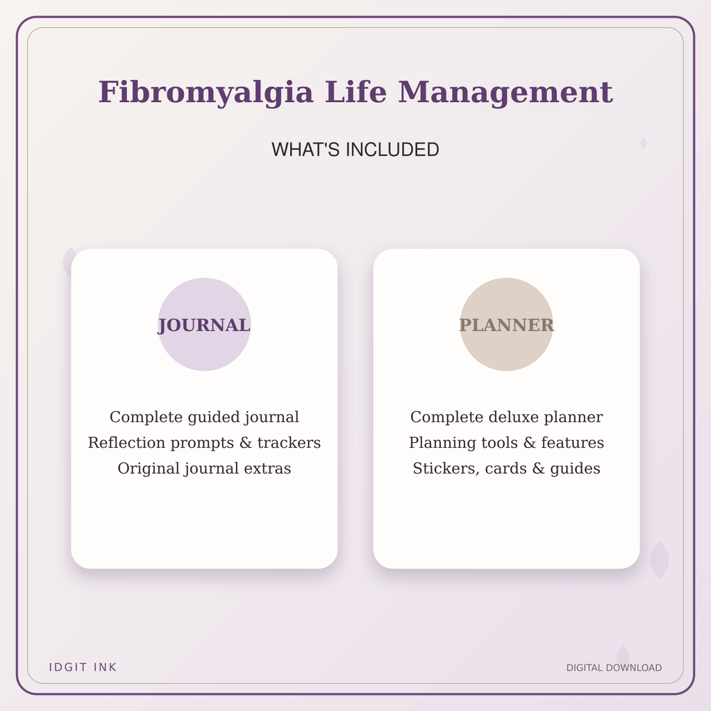Idgit Ink Fibromyalgia Life Management deluxe journal and planner bundle — complete journal and planner bundle contents