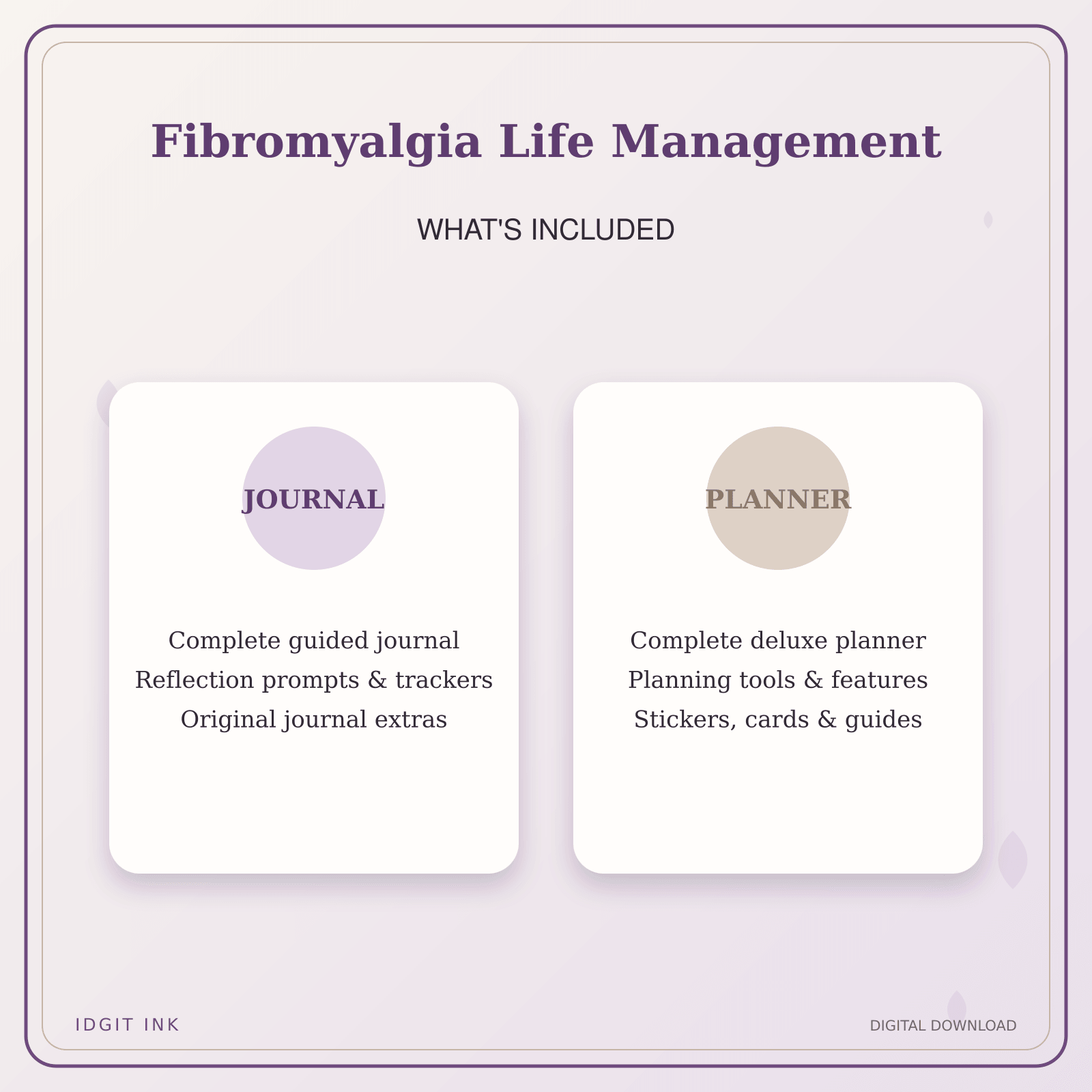 Idgit Ink Fibromyalgia Life Management deluxe journal and planner bundle — complete journal and planner bundle contents