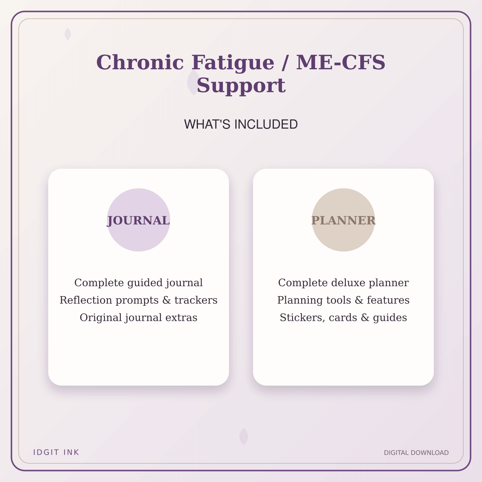 Idgit Ink Chronic Fatigue / ME-CFS Support deluxe journal and planner bundle — complete journal and planner bundle contents