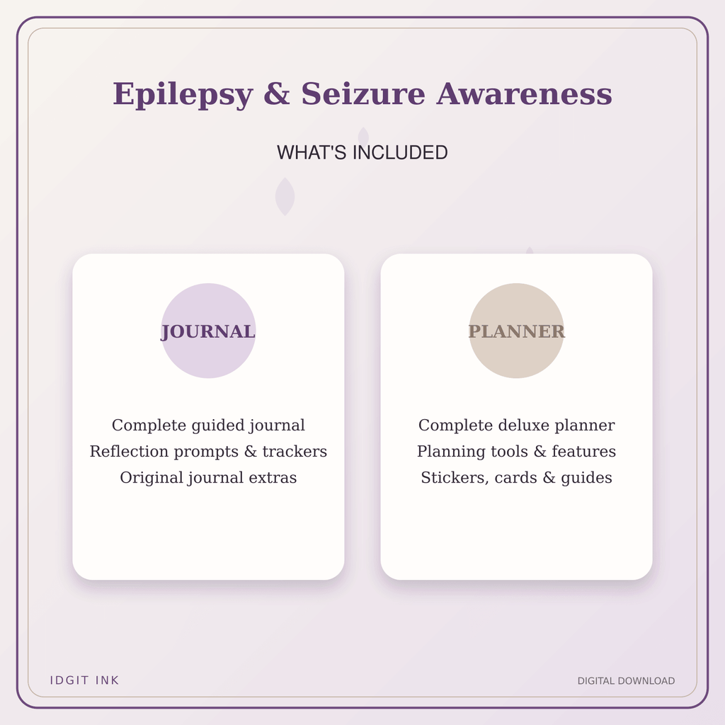 Idgit Ink Epilepsy & Seizure Awareness deluxe journal and planner bundle — complete journal and planner bundle contents