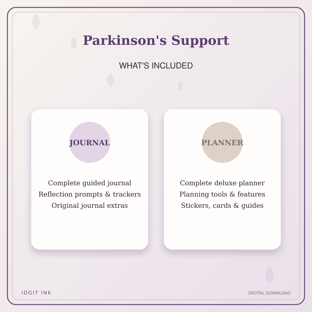 Idgit Ink Parkinson's Support deluxe journal and planner bundle — complete journal and planner bundle contents