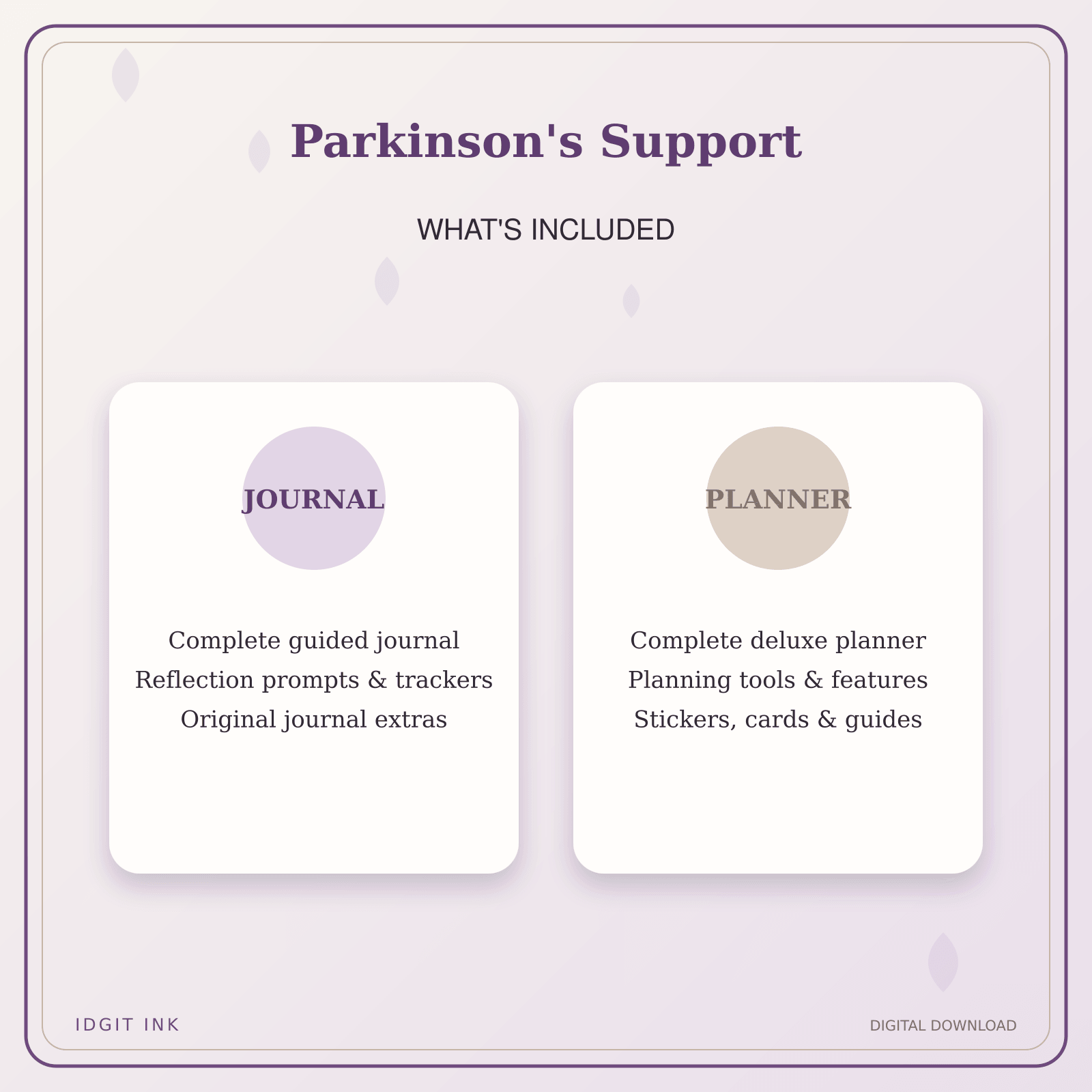 Idgit Ink Parkinson's Support deluxe journal and planner bundle — complete journal and planner bundle contents