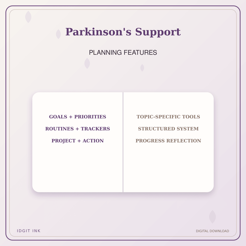 Idgit Ink Parkinson's Support deluxe journal and planner bundle — planner organization and planning features