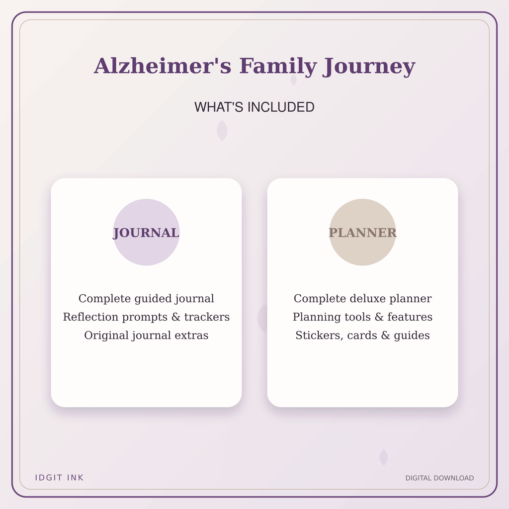 Idgit Ink Alzheimer's Family Journey deluxe journal and planner bundle — complete journal and planner bundle contents