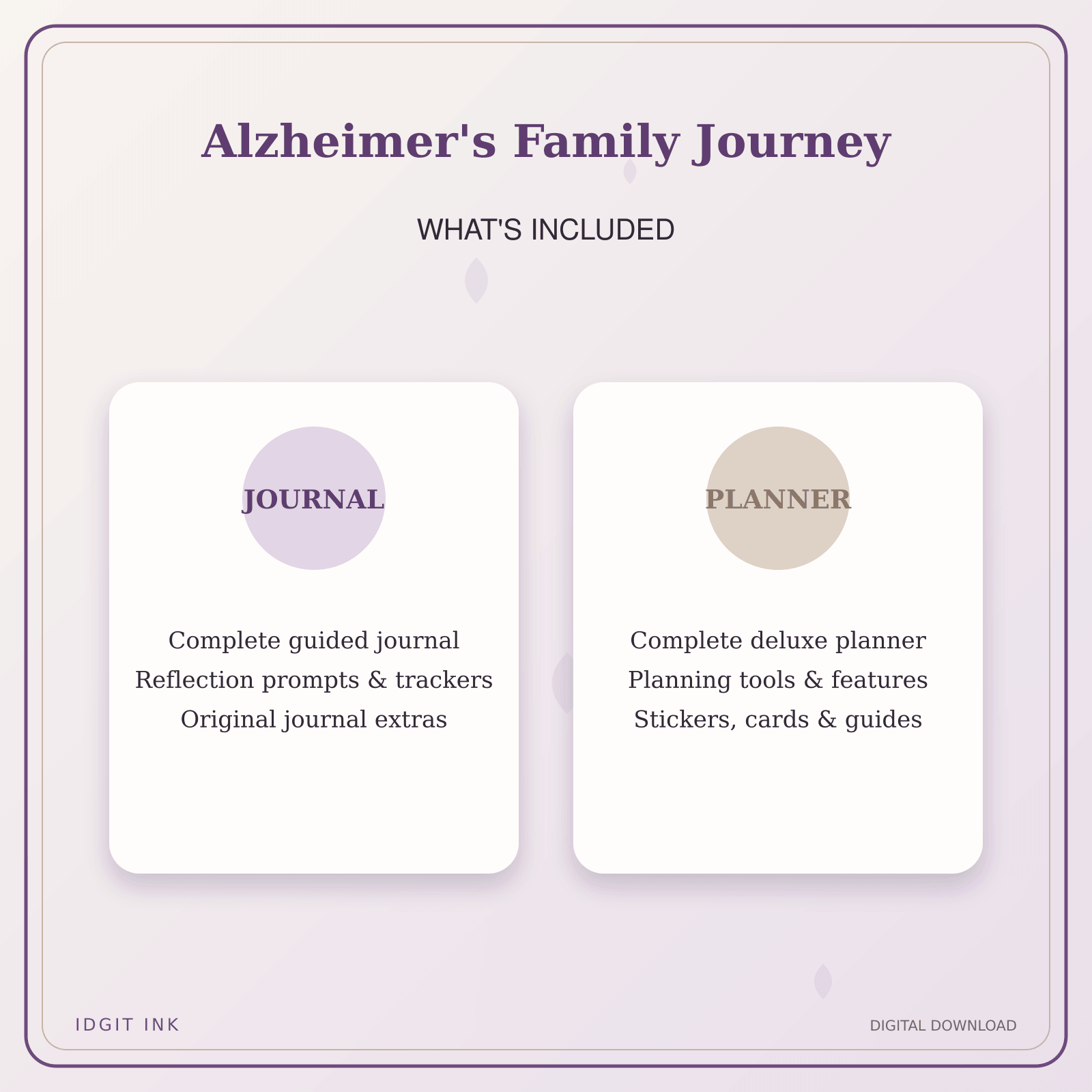 Idgit Ink Alzheimer's Family Journey deluxe journal and planner bundle — complete journal and planner bundle contents