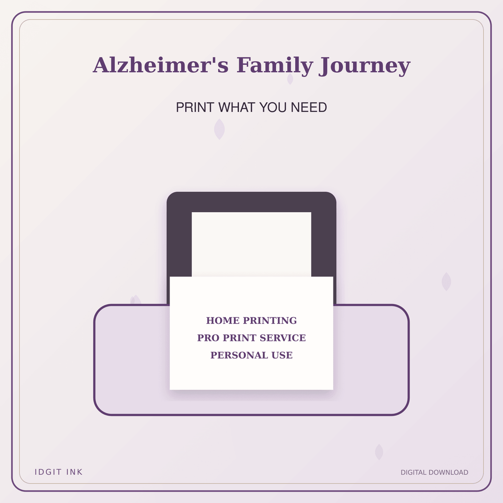Idgit Ink Alzheimer's Family Journey deluxe journal and planner bundle — home and professional printing information