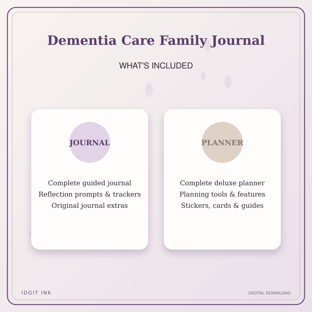 Idgit Ink Dementia Care Family Journal deluxe journal and planner bundle — complete journal and planner bundle contents