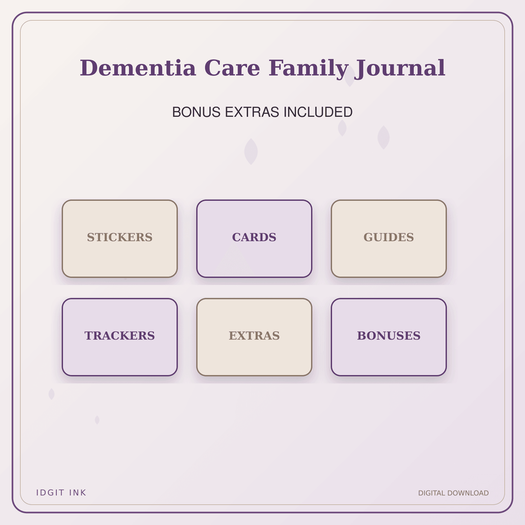 Idgit Ink Dementia Care Family Journal deluxe journal and planner bundle — included digital stickers and cards