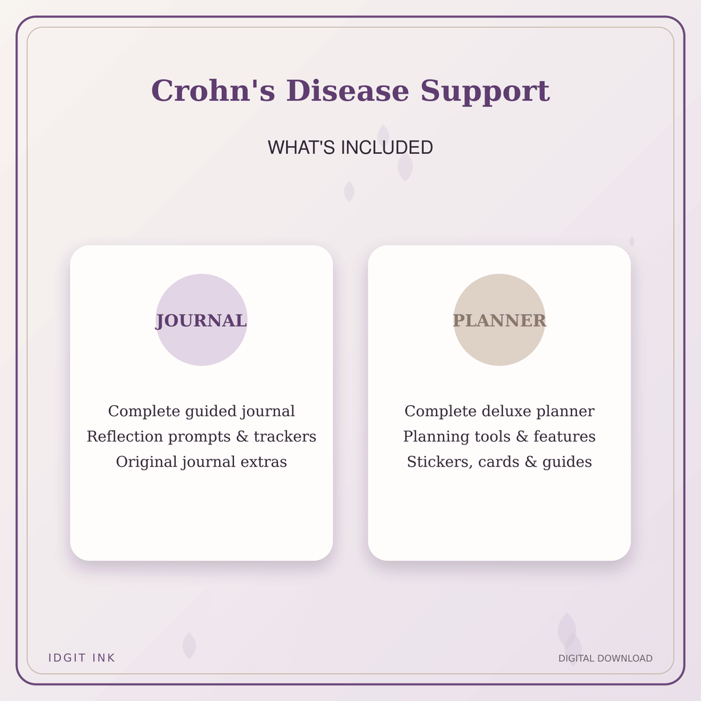Idgit Ink Crohn's Disease Support deluxe journal and planner bundle — complete journal and planner bundle contents